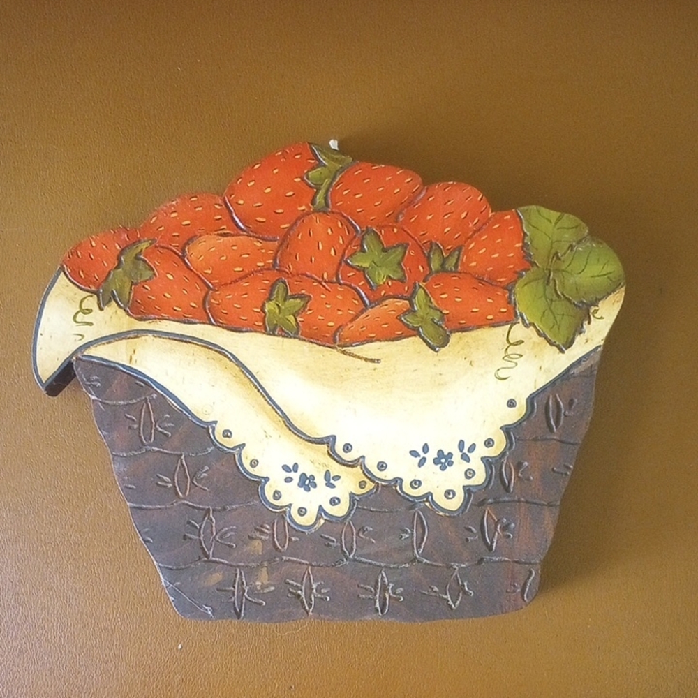 Handcrafted Etched Wood Strawberry Wall Decor by Anna Macaluso. Red Green Cream